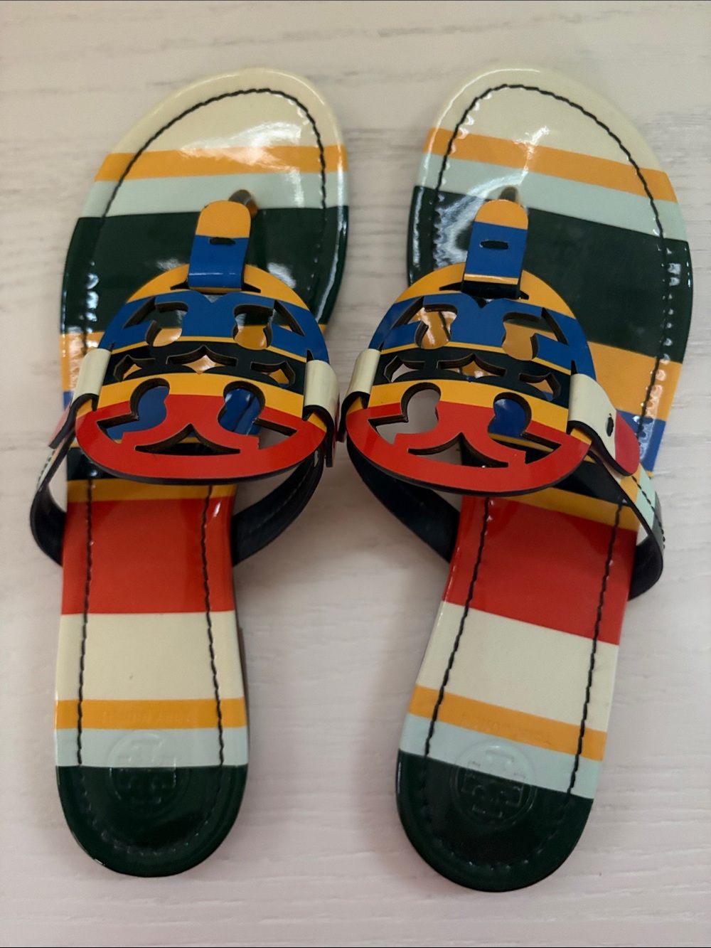 Tory Burch Multicolor Striped Logo Cutout Slide Sandals